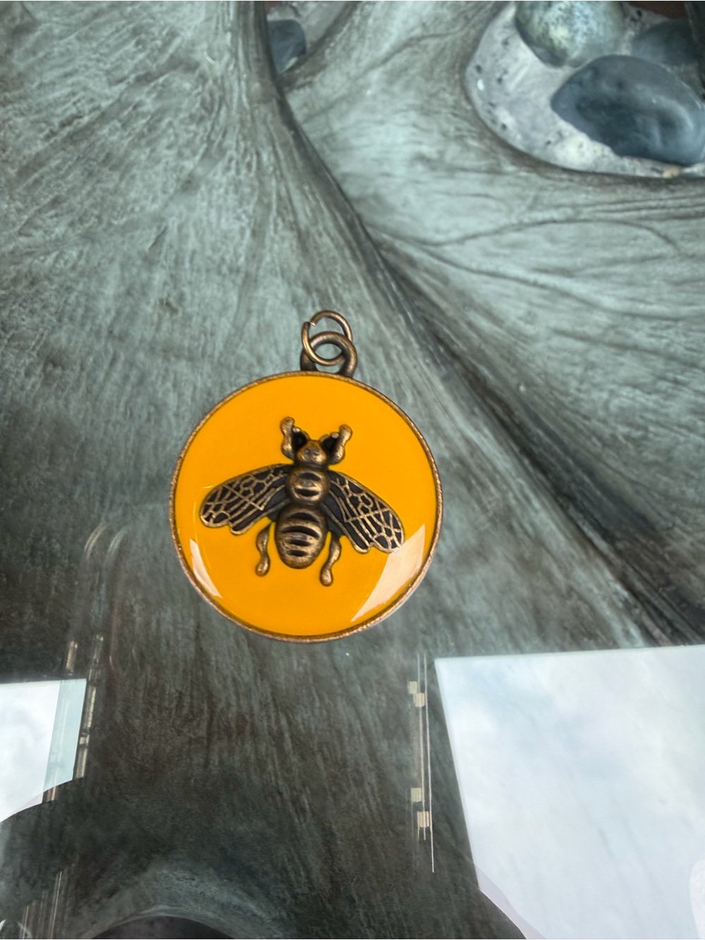 Gucci Stamped Yellow Enamel Bee Pendant Zipper Tag Antique Brass Finish